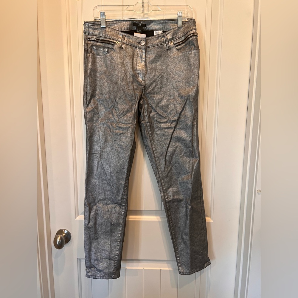H&M Metallic tone Straight Leg Jeans with Zipper details Size 12